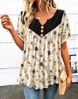 Floral Yoke Button Swing Blouse