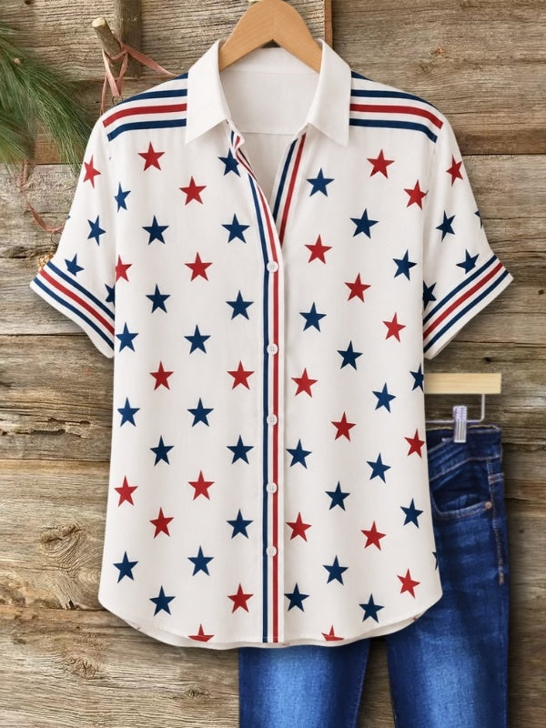 Patriotic Star Print Collared Shirt