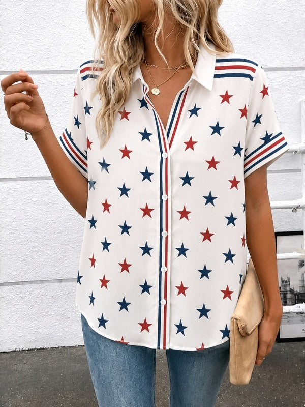Patriotic Star Print Collared Shirt