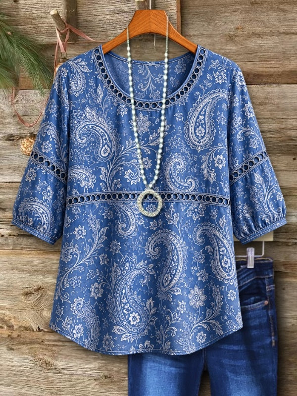 Paisley Trim Round Neck Blouse