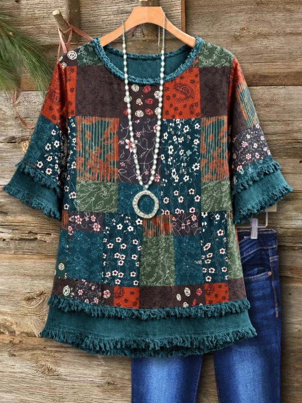 Patchwork Fringe Bell Sleeve Top