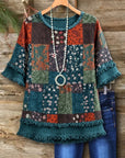 Patchwork Fringe Bell Sleeve Top