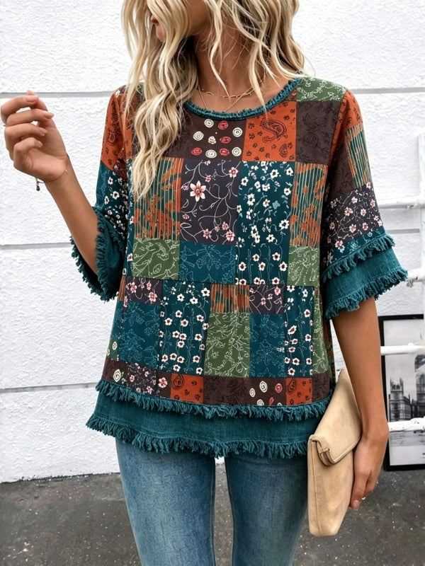 Patchwork Fringe Bell Sleeve Top