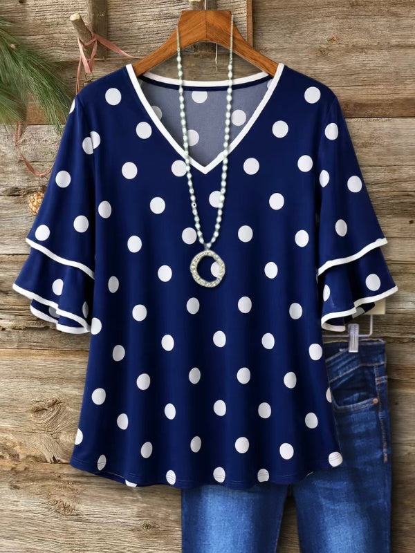 Polka Dot Flutter Sleeve V-Neck Tee