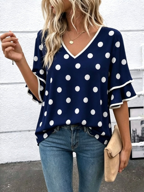 Polka Dot Flutter Sleeve V-Neck Tee