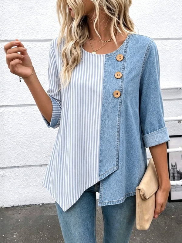 Striped Asymmetrical Button Tunic