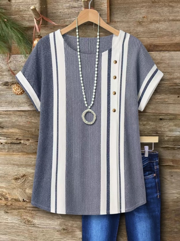 Ribbed Stripe Button Detail Tee