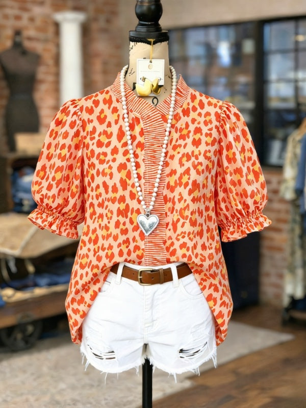 Leopard Print Puff Sleeve Blouse