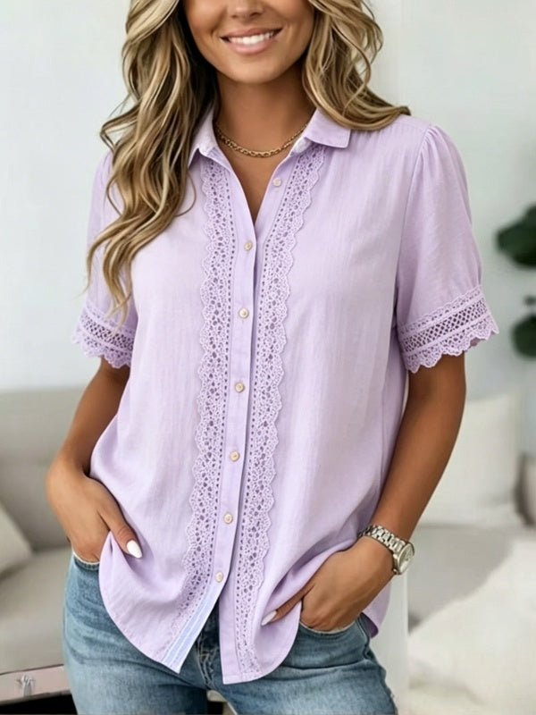 Lace Trim Button Front Blouse