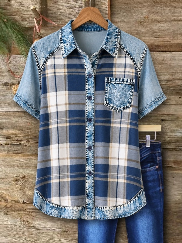 Plaid Denim Trim Short Sleeve Shirt