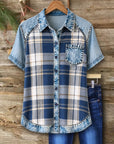 Plaid Denim Trim Short Sleeve Shirt
