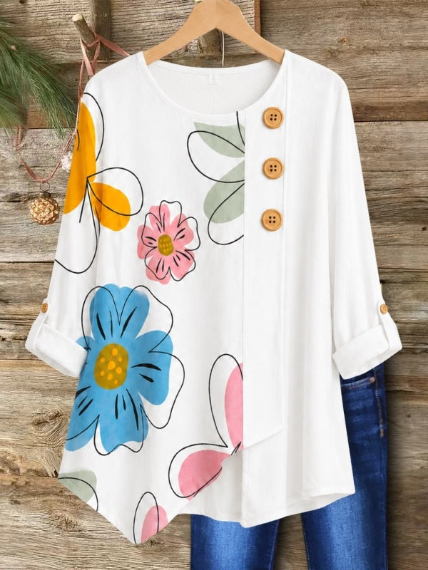 Asymmetrical Floral Button Tunic Top