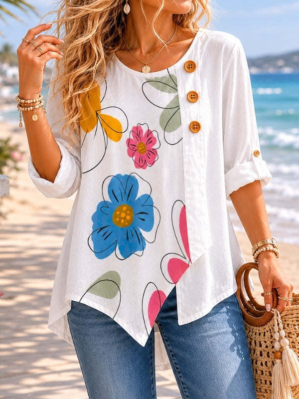Asymmetrical Floral Button Tunic Top