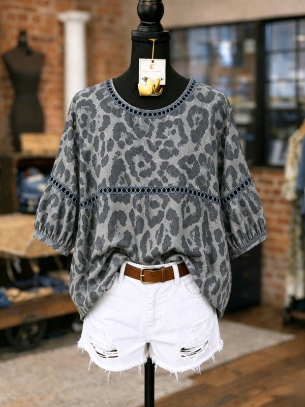 Leopard Print Puff Sleeve Blouse