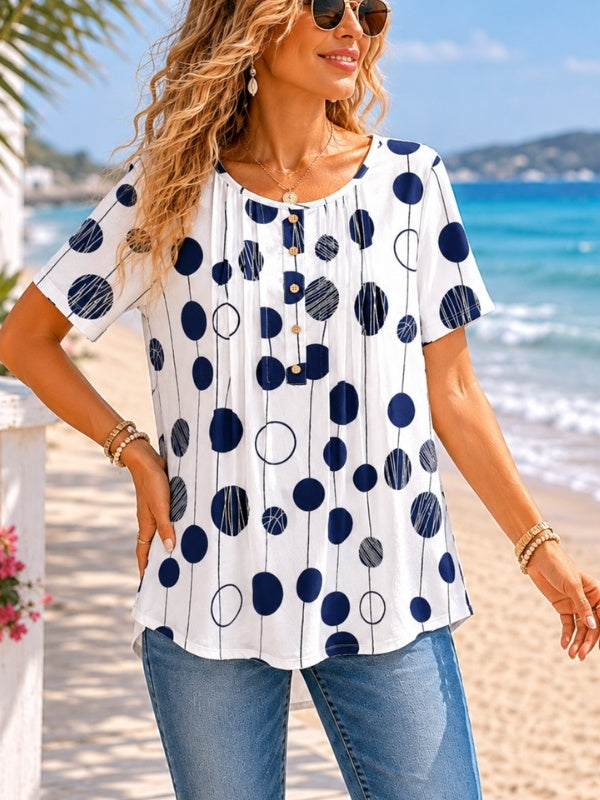 Polka Dot Pleated Scoop Neck Tee