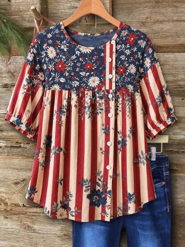 Patriotic Floral Stripe Babydoll Top