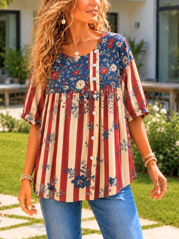 Patriotic Floral Stripe Babydoll Top