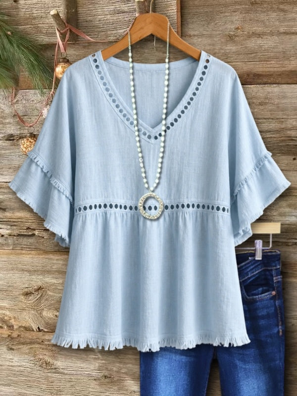 Ruffle Sleeve V-Neck Peplum Blouse