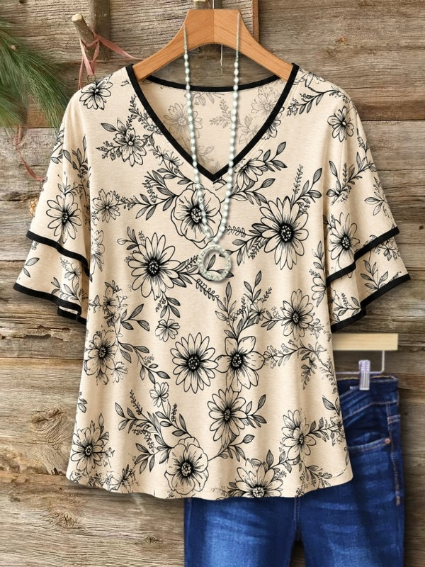 Floral V-Neck Flutter Sleeve Tee
