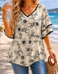 Floral V-Neck Flutter Sleeve Tee