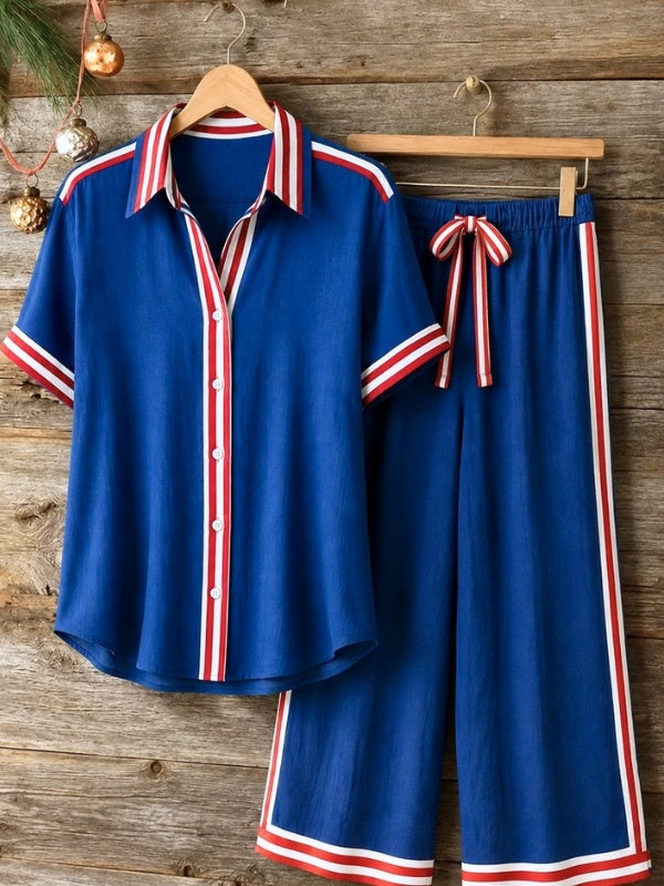 Patriotic Stripe Trim Wide Leg Pants Set