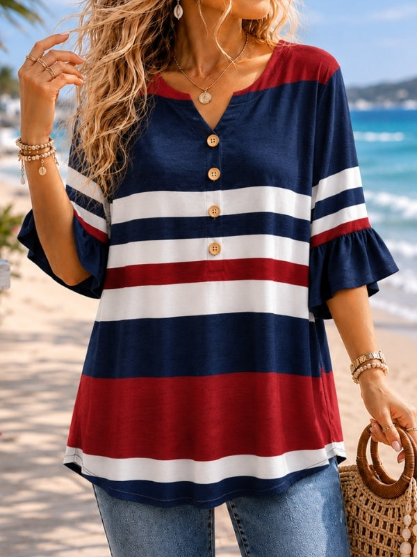 Patriotic Stripe Ruffle Sleeve Tunic