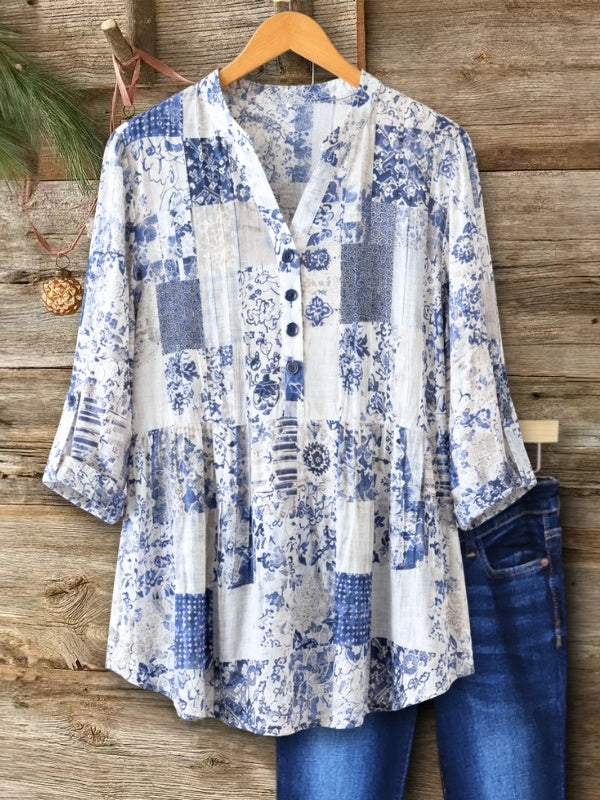 Patchwork V-Neck Peplum Blouse