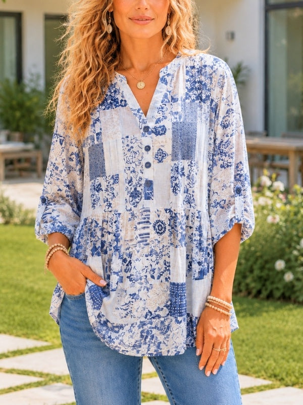 Patchwork V-Neck Peplum Blouse