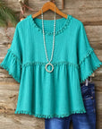 Aqua Fringe Trim Flutter Sleeve Blouse