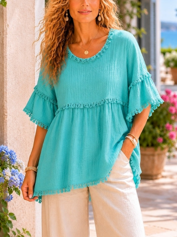 Aqua Fringe Trim Flutter Sleeve Blouse