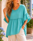 Aqua Fringe Trim Flutter Sleeve Blouse