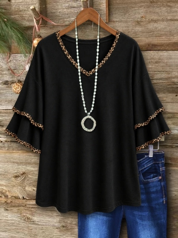 Leopard Trim Tiered Sleeve V-Neck Tee