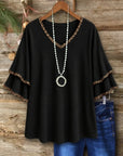 Leopard Trim Tiered Sleeve V-Neck Tee