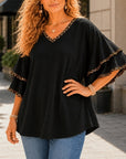 Leopard Trim Tiered Sleeve V-Neck Tee