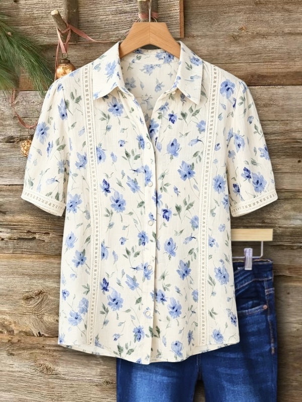 Floral Lace Trim Button-Up Shirt