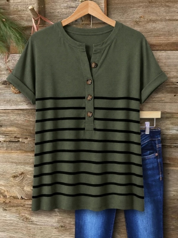 Button-Front Split Neck Striped Tee