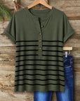 Button-Front Split Neck Striped Tee