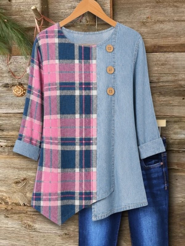 Patchwork Plaid &amp; Tencel Denim Button Tunic
