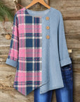 Patchwork Plaid & Tencel Denim Button Tunic