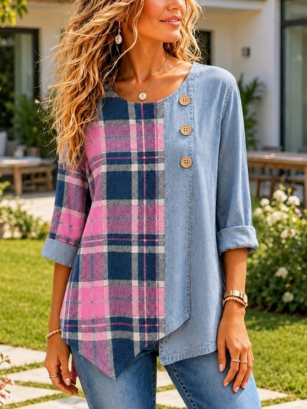 Patchwork Plaid &amp; Tencel Denim Button Tunic
