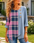 Patchwork Plaid & Tencel Denim Button Tunic
