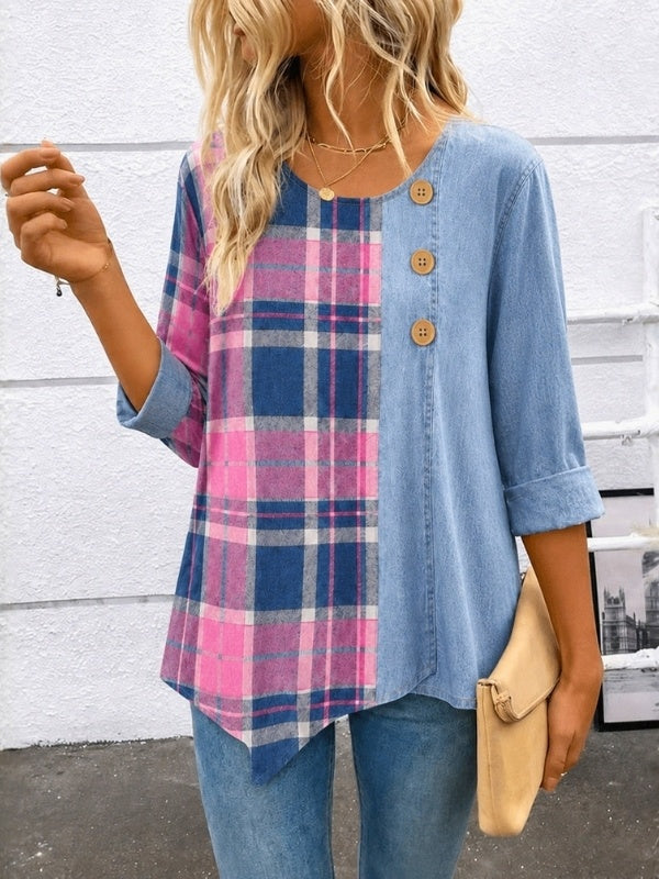 Patchwork Plaid &amp; Tencel Denim Button Tunic