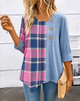 Patchwork Plaid & Tencel Denim Button Tunic