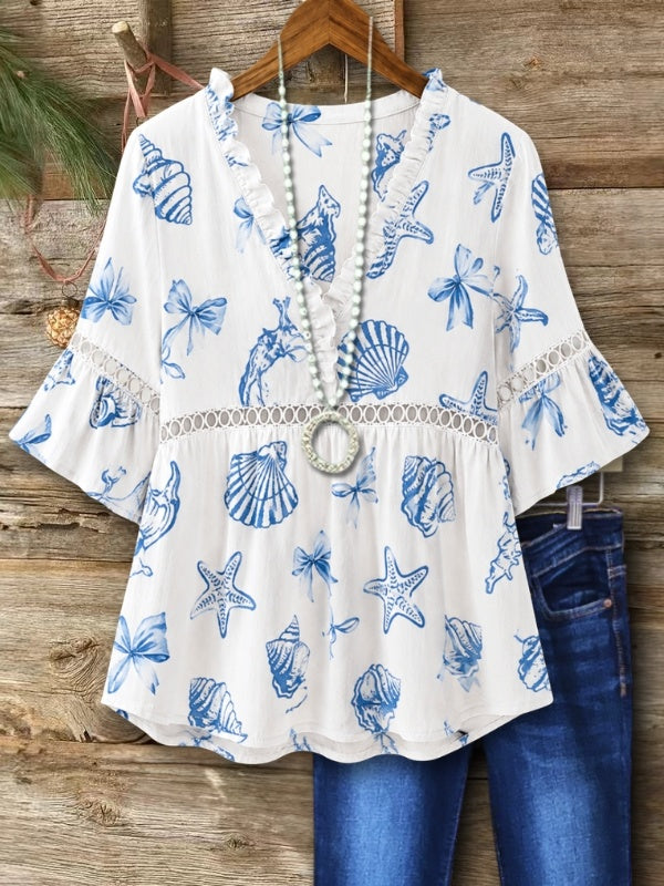 Ruffle V-Neck Seashell Print Blouse