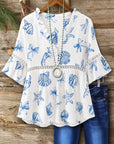 Ruffle V-Neck Seashell Print Blouse