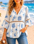 Ruffle V-Neck Seashell Print Blouse