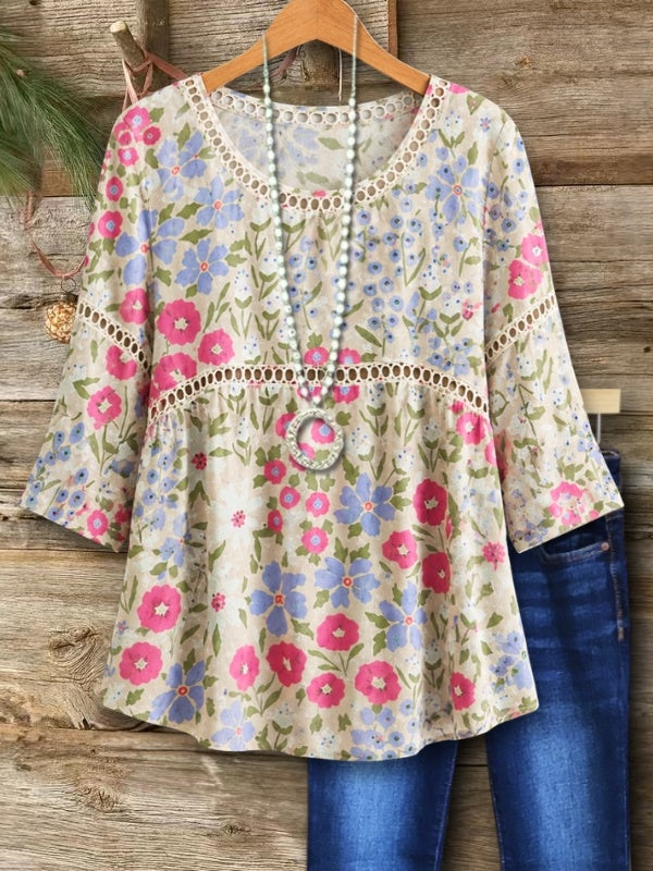 Lace Trim Floral Peplum Blouse