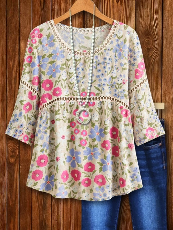 Lace Trim Floral Peplum Blouse