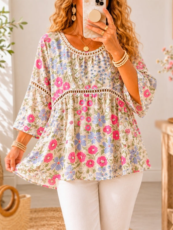 Lace Trim Floral Peplum Blouse