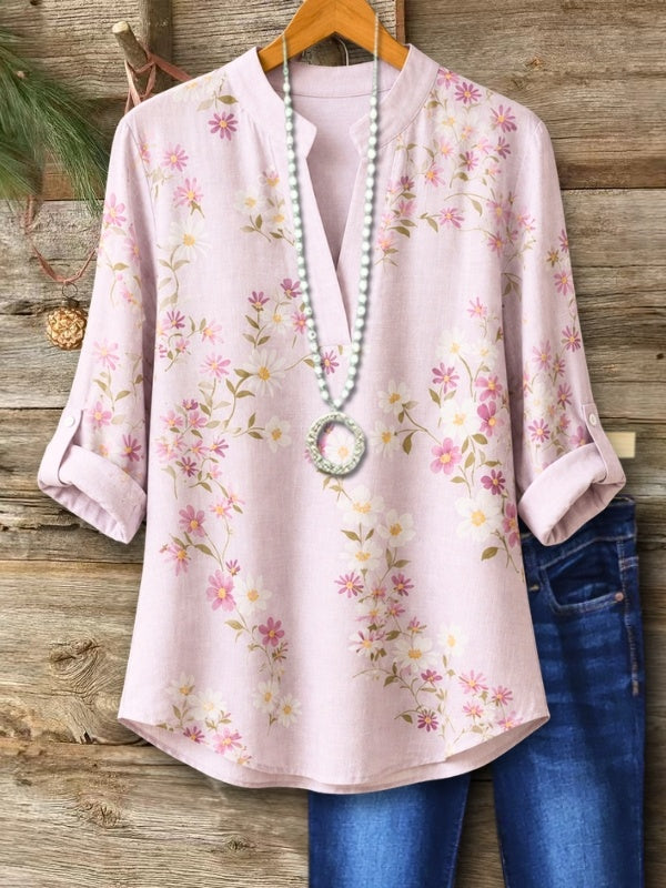 Split Neck Floral Roll-Tab Blouse